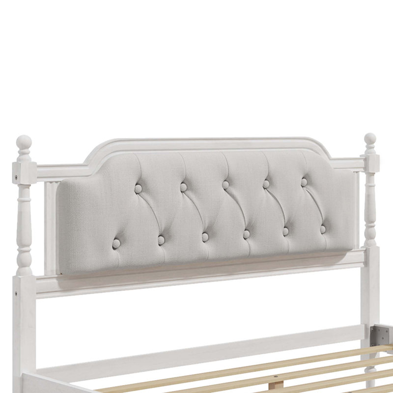 Structure de lit en bois massif de style traditionnel avec tête de lit capitonnée et sans sommier tapissier, Blanc antique