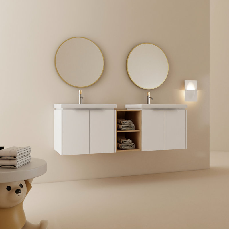 Meuble-lavabo de salle de bain moderne 60 pouces avec étagère de style contemporain