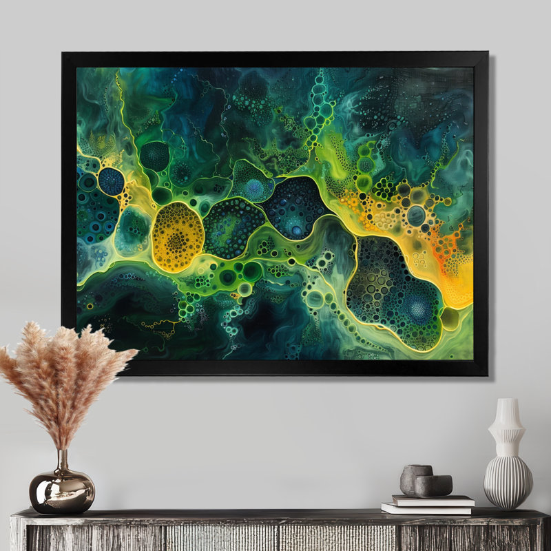 Jaune jaune vert cosmique nourrissant liquide Art II - impression murale abstraite, H 12 po x l 20 po, Cadre simple noir