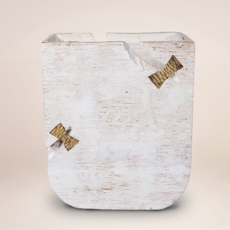 Arctic Fracture Planter ~ A bold fusion of modern geometry and organic imperfection, this boxy planter, crafted from 100% reclaimed wood, features a luminous whitewashed finish and brass butterfly joints, turning natural cracks into sculptural art.