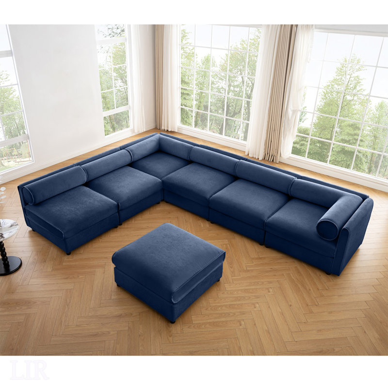 Canapé modulaire moderne 6 pièces avec rangement, tissu chenille bleu doux pour salon contemporain, modulaire, Chenille bleu