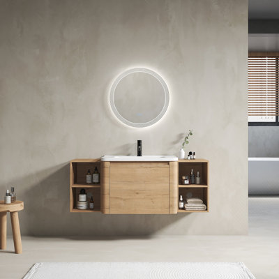 Meuble-lavabo mural 52 po avec lavabo en céramique blanche et tablettes de rangement et 1 porte à fermeture en douceur, emballage KD, contreplaqué