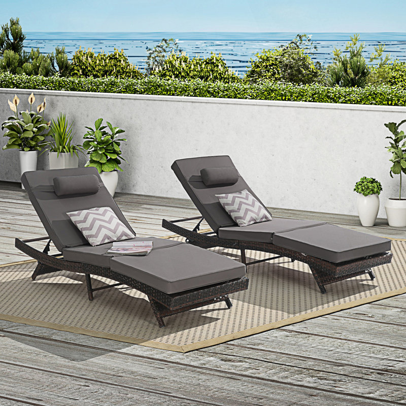 Set Of 2 Outdoor Long Reclining Chair, Reclining Lounge Chair, Lawn Sunbathing Chairs, Brown, Dark Gray