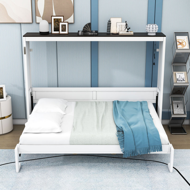 Lit escamotable multifonctionnel en bois avec éclairage DEL, Blanc / Brun, Lit double