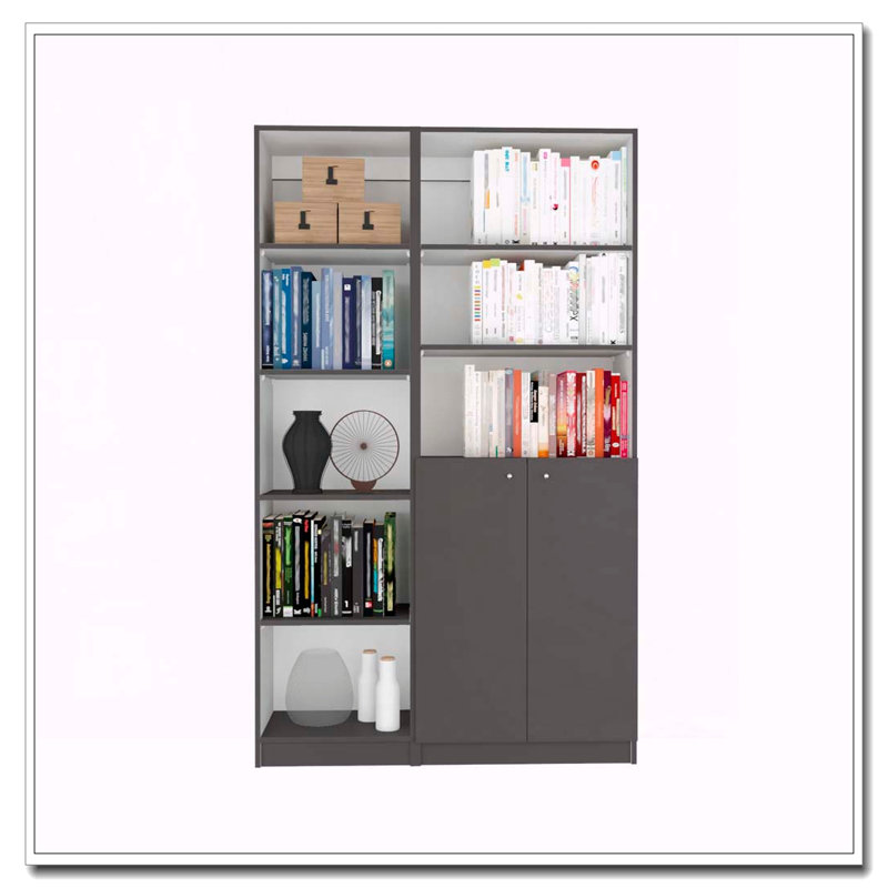 Ensemble de bibliothèque 2 pièces avec 8 tablettes et armoire à deux portes - 42 po de large en gris mat et blanc