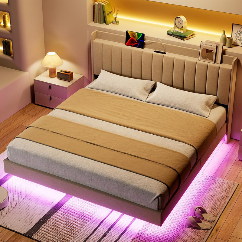 Full Size Floating Bed Frame With LED Lights, Upholstered Platform Bed Frame With Charging Station & Storage Headboard, Full