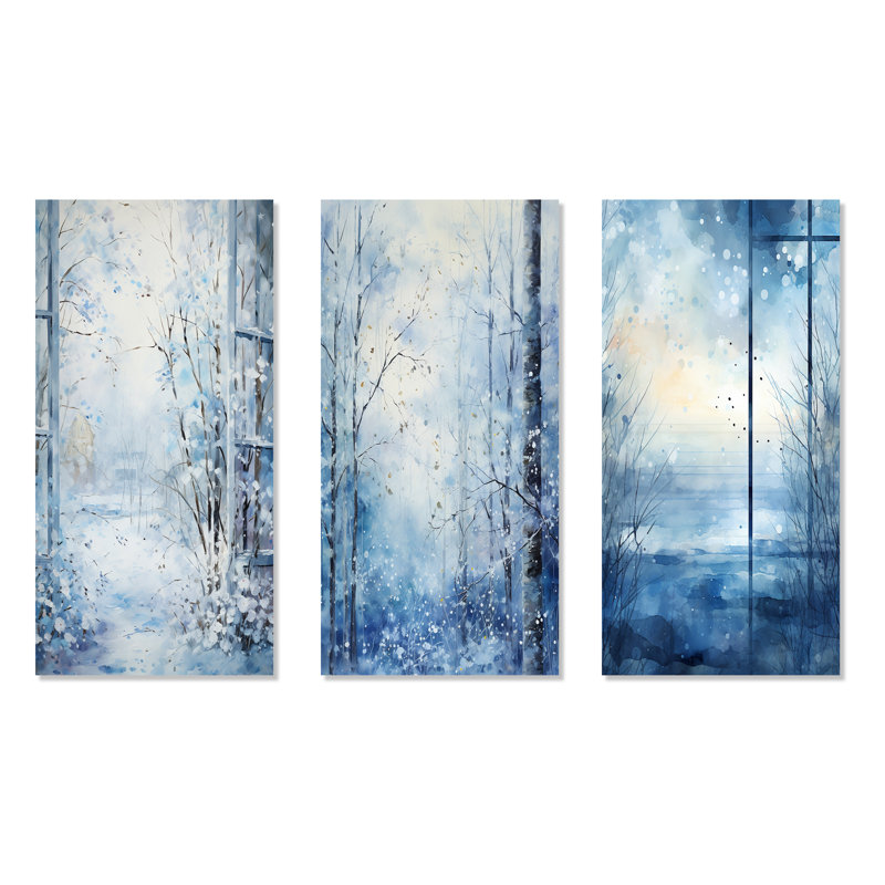«White and Blue Winter Forest Collage II», ensemble d'art mural en métal paysage d'hiver, H 32 po x l 48 po