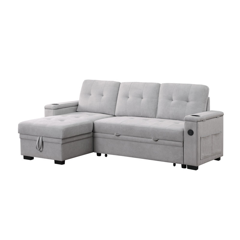 84"W Gray Woven Fabric Reversible Sleeper Sectional Sofa With Storage Chaise, Storage Arm, Cup Holder, Charging Ports, Side Pockets, And Pocket Coil Seating