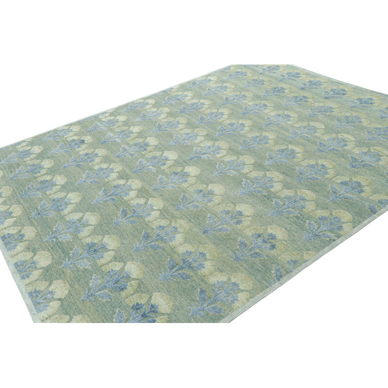 Rug & Kilim’S Custom Block Print Rug Design With Blue And Green Floral Pattern, Rectangle 14' x 20'