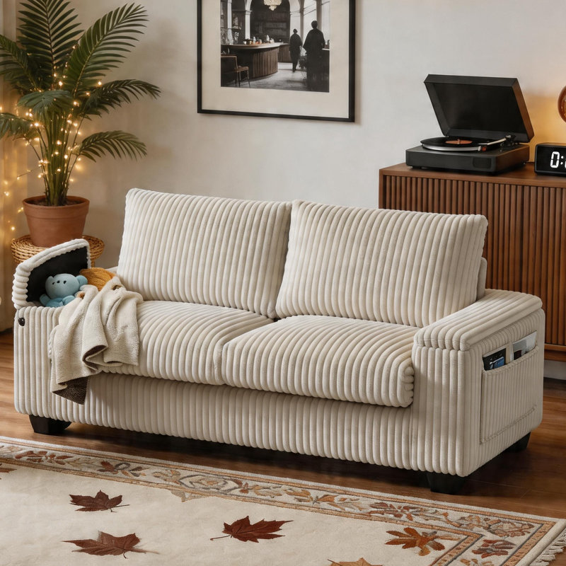 71" Corduroy Upholstered Sofa, 2 Seater Couches Small Loveseat With Storage Pockets,  Storage Armrest And USB Charging Port