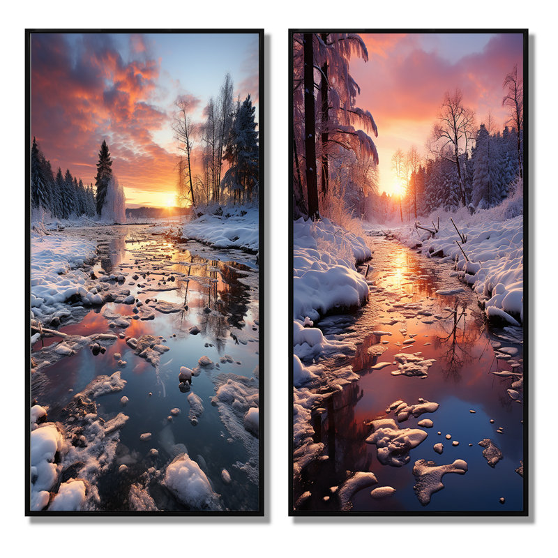 «Winter Sunset Snowfall», 2 pièces sur toile, Cadre noir, H 40 po x l 40 po