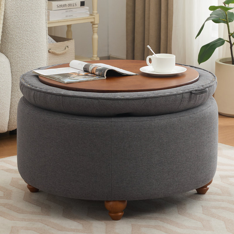 Repose-pieds capitonné rond avec rangement de 30 po de largeur, Lin gris foncé