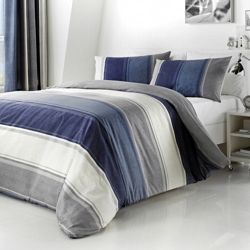 Polyester Striped Duvet Cover Set with Pillowcases, Double Duvet Cover, Blue