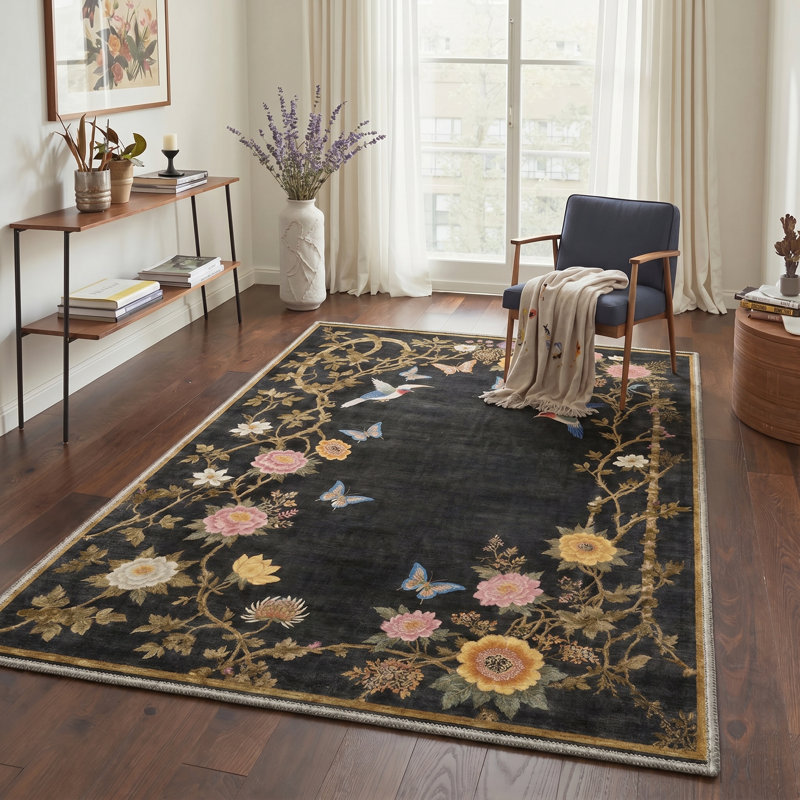 Alfred Avianora Floral Machine Washable Black Indoor Area Rug with Non-Slip Backing, Rectangle 5' x 7'