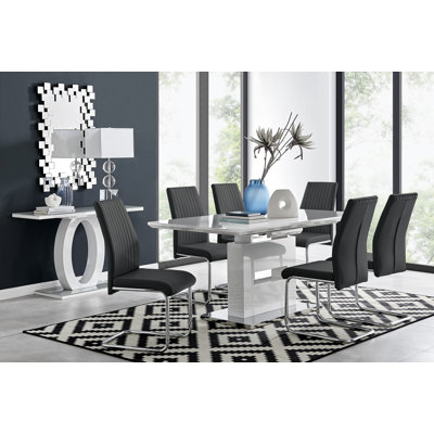 Alezzo Modern High Gloss Extendable Dining Table Set with 6 Upholstered Faux Leather Dining Chairs