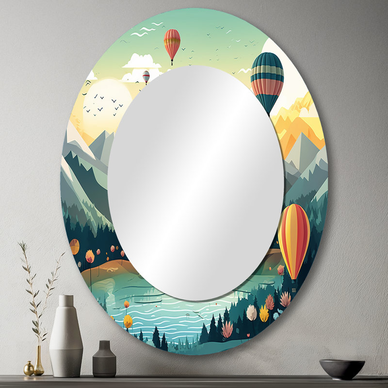 Montgolfière «Off Into The Sky I» - Miroir décoratif ovale sur métal, 43 po x 33 po