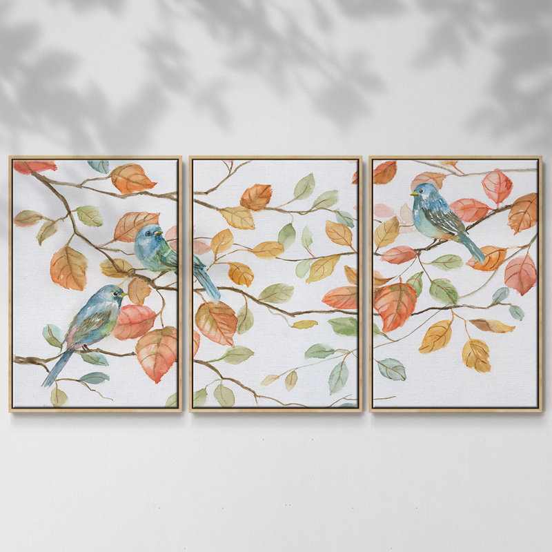 «Bird Trio», peinture sur toile 3 pièces, H 24 po x l 48 po, Encadré naturel