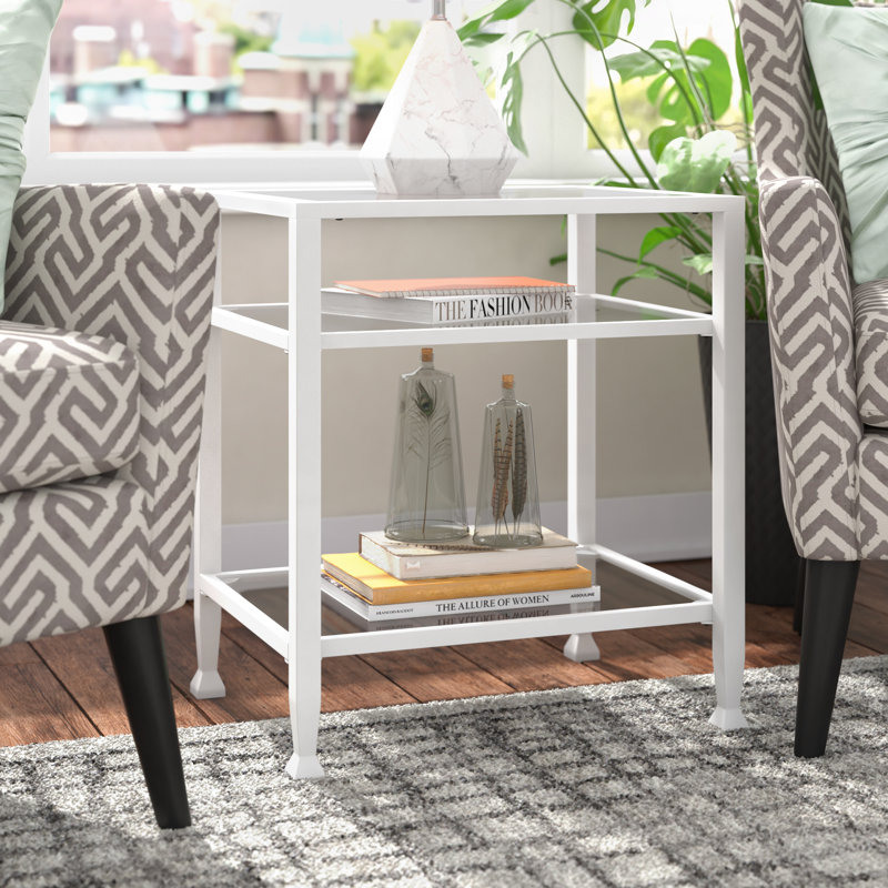 Jordyan Glass Top End Table, White