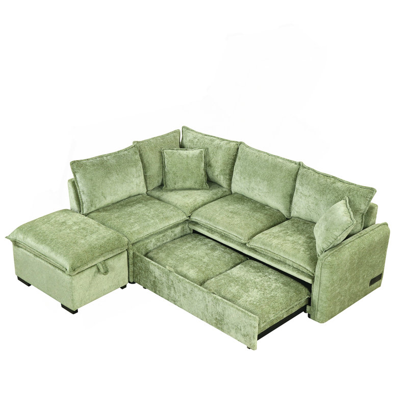 82.67"Convertible Sofa Bed Sectional Sofa Sleeper L-Shaped Sofa With A Storage Ottoman,Two Pillows, Two Power Sockets And Two USB Ports For Living Room, Green