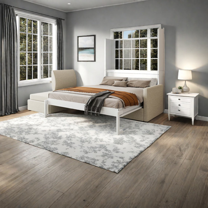 Lit escamotable peu encombrant avec canapé, panneau de fibres à densité moyenne et lin, style moderne pour les maisons compactes