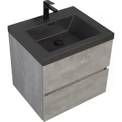 Meuble-lavabo mural 24 po avec lavabo, meuble-lavabo mural moderne avec lavabo à quartz noir et tiroirs à fermeture en douceur