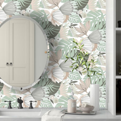 Herrington Retro Tropical Leaves 16.5' L x 18" W Smooth Peel and Stick Wallpaper Roll