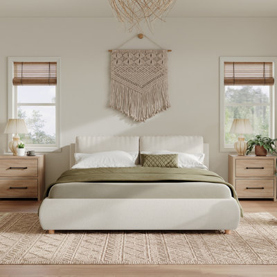 Lit plateforme tapissier avec deux têtes de lit amovibles, tissu Boucle