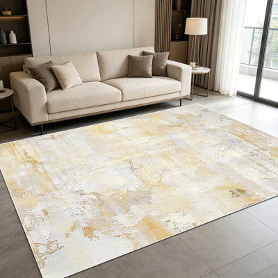 Tapis beige neutre à motif d'aquarelle abstraite de 1 pièce pour le salon, doux et confortable, adapté à toutes les saisons, facile à entretenir, tapis de sol intérieur lavable à la machine, sous la table de ferme convenant à la table à manger, à la chambre à coucher, au bureau à domicile,