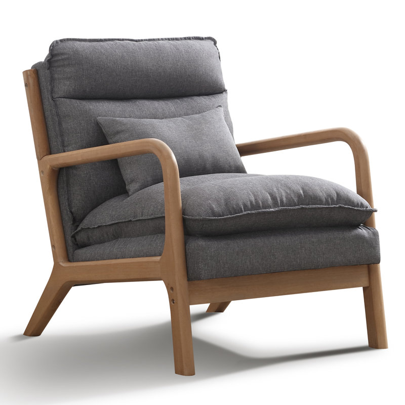 65.5cm Wide Modern Solid Wood Frame Upholstered Armchair with Lumbar Support Pillow, Grey