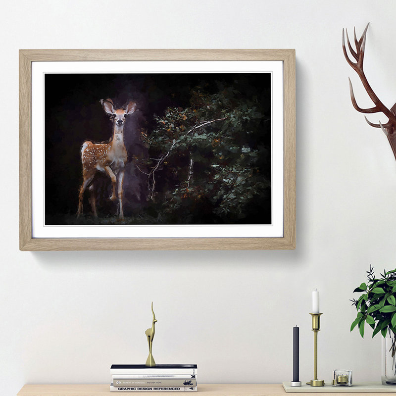 Curious Fawn in Abstract - Picture Frame Painting Print, 62cm H x 87cm W x 2cm D, Oak Framed