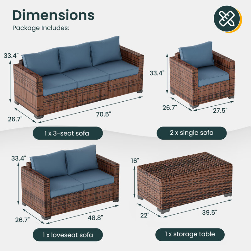 Azoriah 7 -  Person Oversized Armrest Outdoor Sectional Furniture Rattan Sets w/Storage Table, Navy Blue
