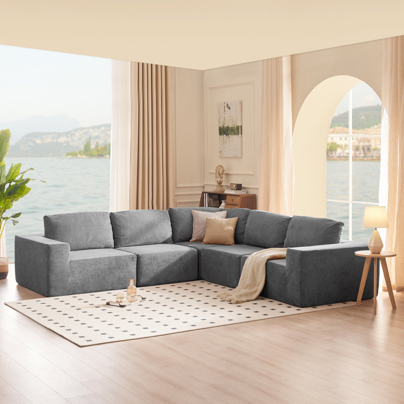 116 po Canapé modulaire carré en polyester 5 pièces à accoudoirs carrés gris, Tissu gris
