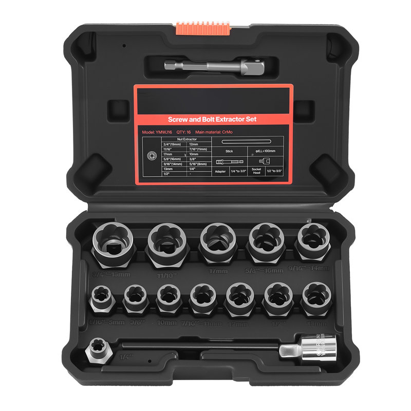 Bolt Extractor Kit, 16 Pieces Impact Bolt & Nut Remover Set with Adapters and Pin Punch, Solid Storage Case, Cr-Mo Steel for Removing Damaged, Rusted, Stripped, Rounded Bolts, Nuts and Screws
