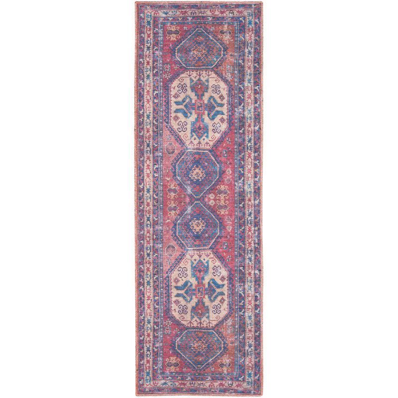 Machine Washable Southwestern Navy/Muted Red/Beige Area Rug, Runner 2' x 6'
