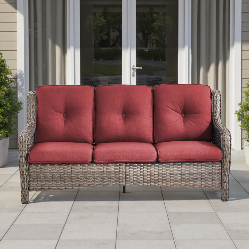 Schutt 72'' Wide Provence Style Wicker Outdoor Patio Sofa With Cushions, Red, Gray