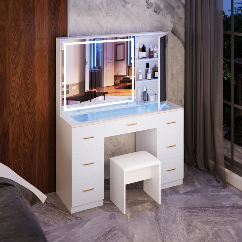 Vanity Desk Set With Large Led Lighted Mirror, Makeup Table With 7 Drawers,glass Tabletop Vanity Desk With Cabinet(glass Tabletop)