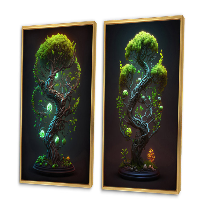 «Neon Bonsai Swirl Tree V», 2 pièces, Encadrement doré, H 24 po x l 20 po