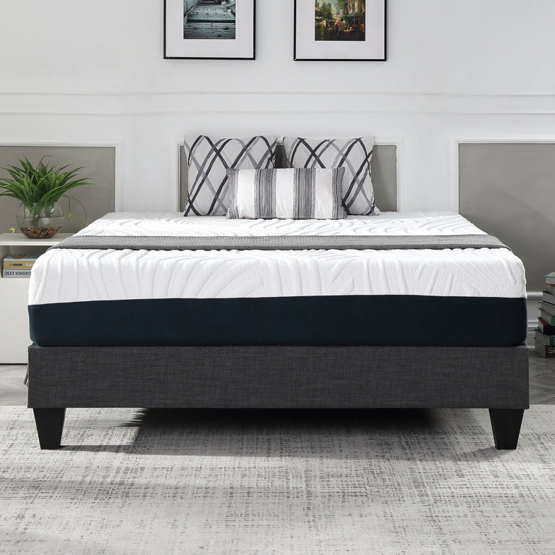 Lit plateforme tapissier contemporain en polyester de style lin gris, base de lit à profil bas grand format avec lattes de soutien renforcées, aucun sommier tapissier requis, assemblage simple