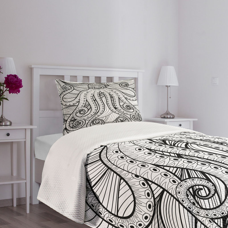 Twin White Quilted Bedspread Set with Mandala Design