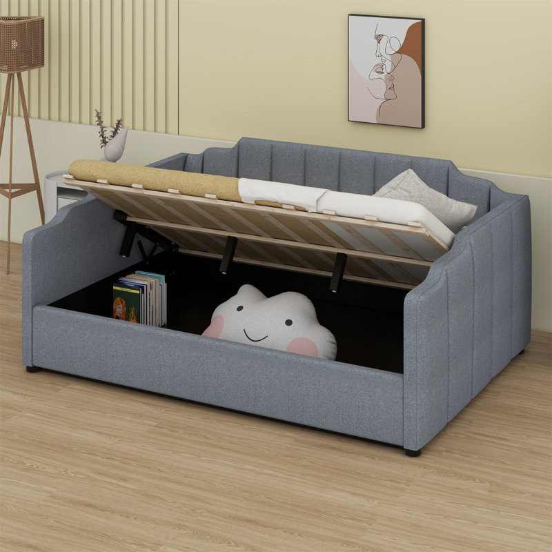Lit de jour rembourré avec rangement inférieur, Gris