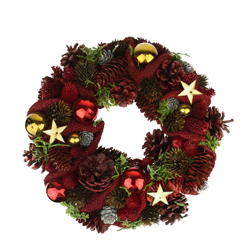 Red Stars and Pine Cone Artificial Christmas Wreath - 12.5-Inch Unlit