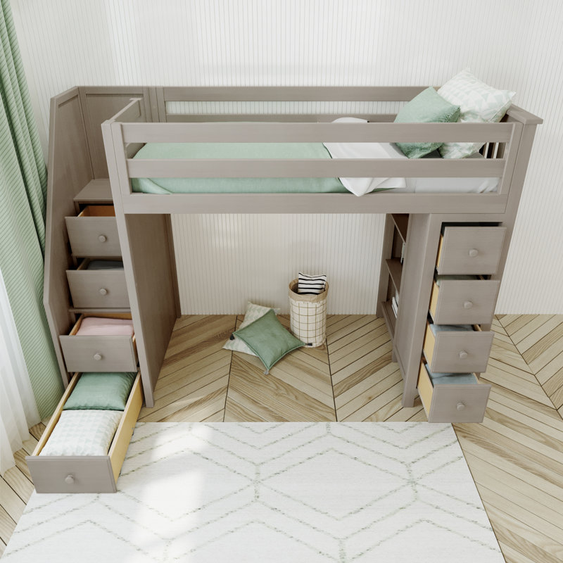 Brodie Kids 8 Drawer Solid Wood Loft Bed with Shelves, Stone, Twin