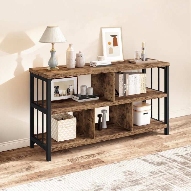 Horizontal Bookshelf, Modern Cube Storage Organizer Bookcase Wide Bookshelves, Industrial Wood Metal Book Shelf, Cube Shelf for Office Home Living Room