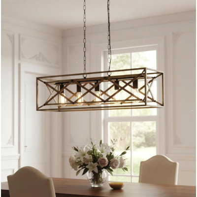 5-Light Modern Industrial Linear Kitchen Island Pendant with Adjustable Downrods, Black and Oak