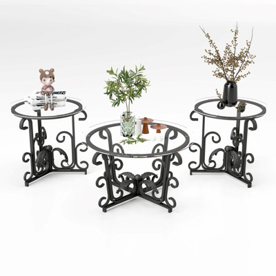 Ensemble de 3 tables basses à surface en verre trempé, table d'appoint ronde avec table de bout robuste et robuste pour le salon (noir rustique)