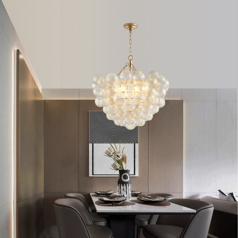 Lustre 27,5 pouces à abat-jour sphérique en verre transparent fileté doré (sans ampoules)