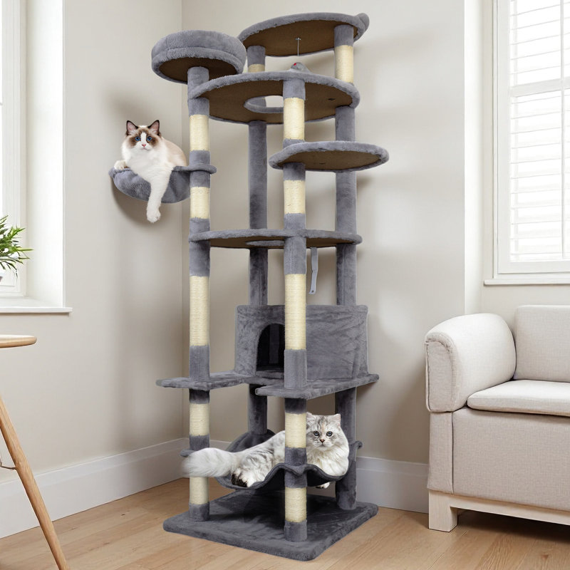 Arbre à chat gris foncé avec poteaux à griffer enveloppés, condos spacieux et conception facile à installer pour le confort du chat.