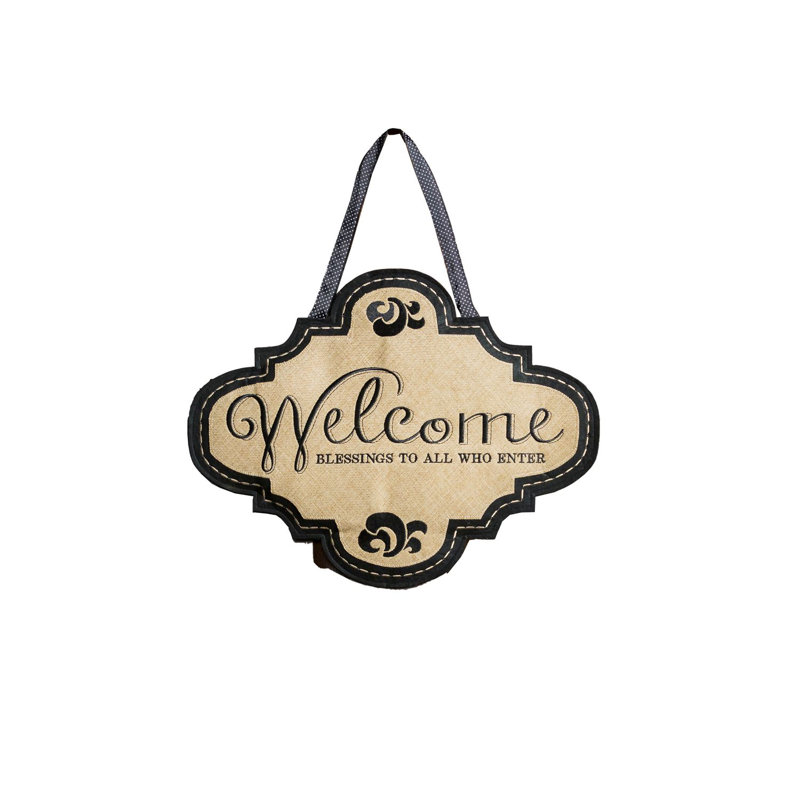 Décoration de porte en toile de jute «Blessings to All Who Entrée»