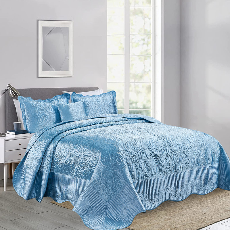 4 Piece Quilted Satin Bedspread Set, King Quilt + 2 King Shams + Throw Pillow, Aquatic