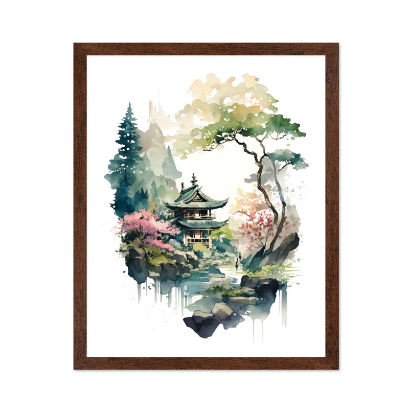 Maison de lac japonaise, 18"H x 24"W, Poster, Brown Framed